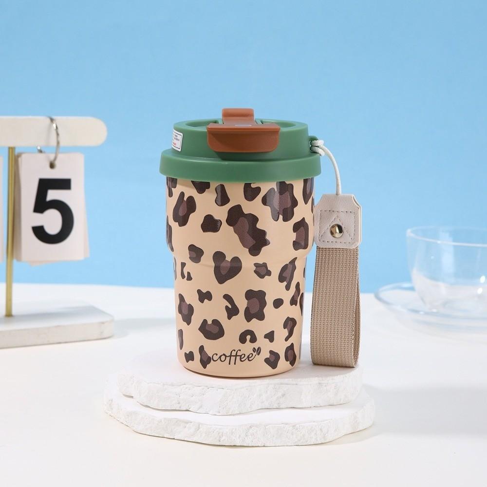 450ml Thermal Water Bottle Leopard Print Leak-Proof Portable Insulated Cup Stainless Steel Large Caliber Straw Thermos Cup