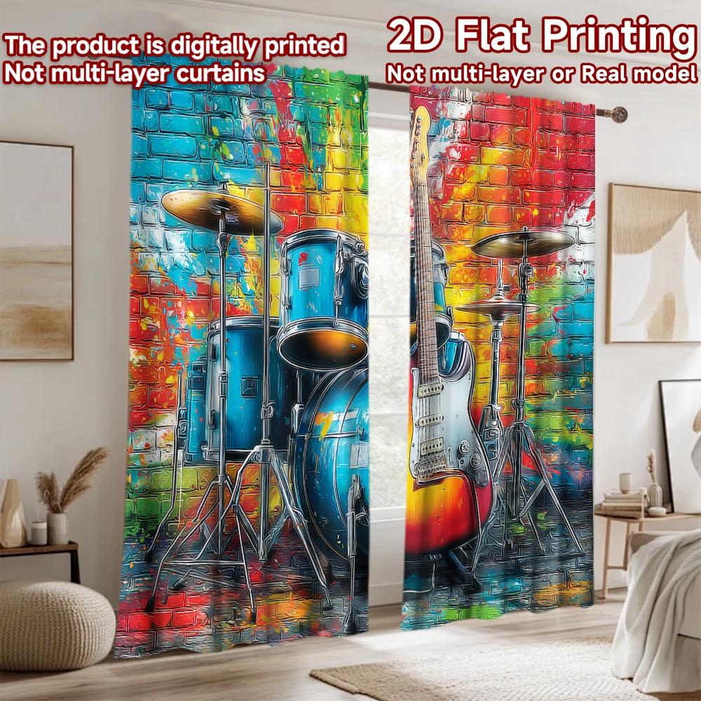 2D Flat Printing 2pcs Curtain Electric Guitar Drum Set Digital Printed Polyester Drapes Festive Wall Decor Use for Photo Booths