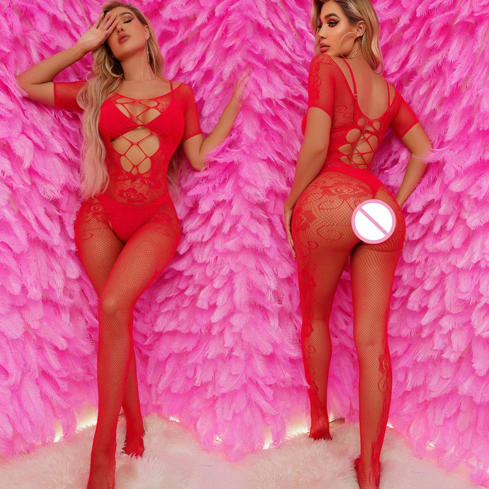 Red Fishnet Bodystocking Women'S Sexy Lingerie See Through Open Crotch Tights Hot Erotic Costumes Transparent Women Underwear
