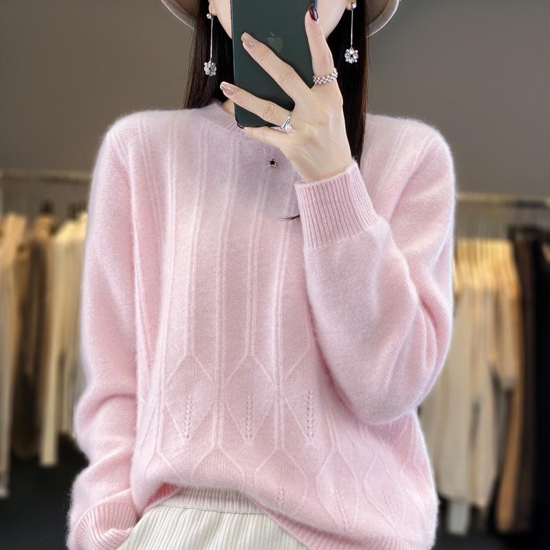 Women's Thickened Wool Jacquard Sweater - Round Neck, Long Sleeve, Cashmere Knit Base Layer for Autumn/Winter