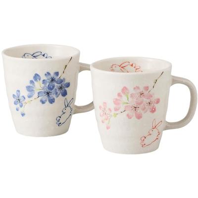 Ale-net Sakura Rabbit Pair Mug Set, Japanese Mino Ware Porcelain Coffee Cups, 280ml, Made In Japan, Set of 2