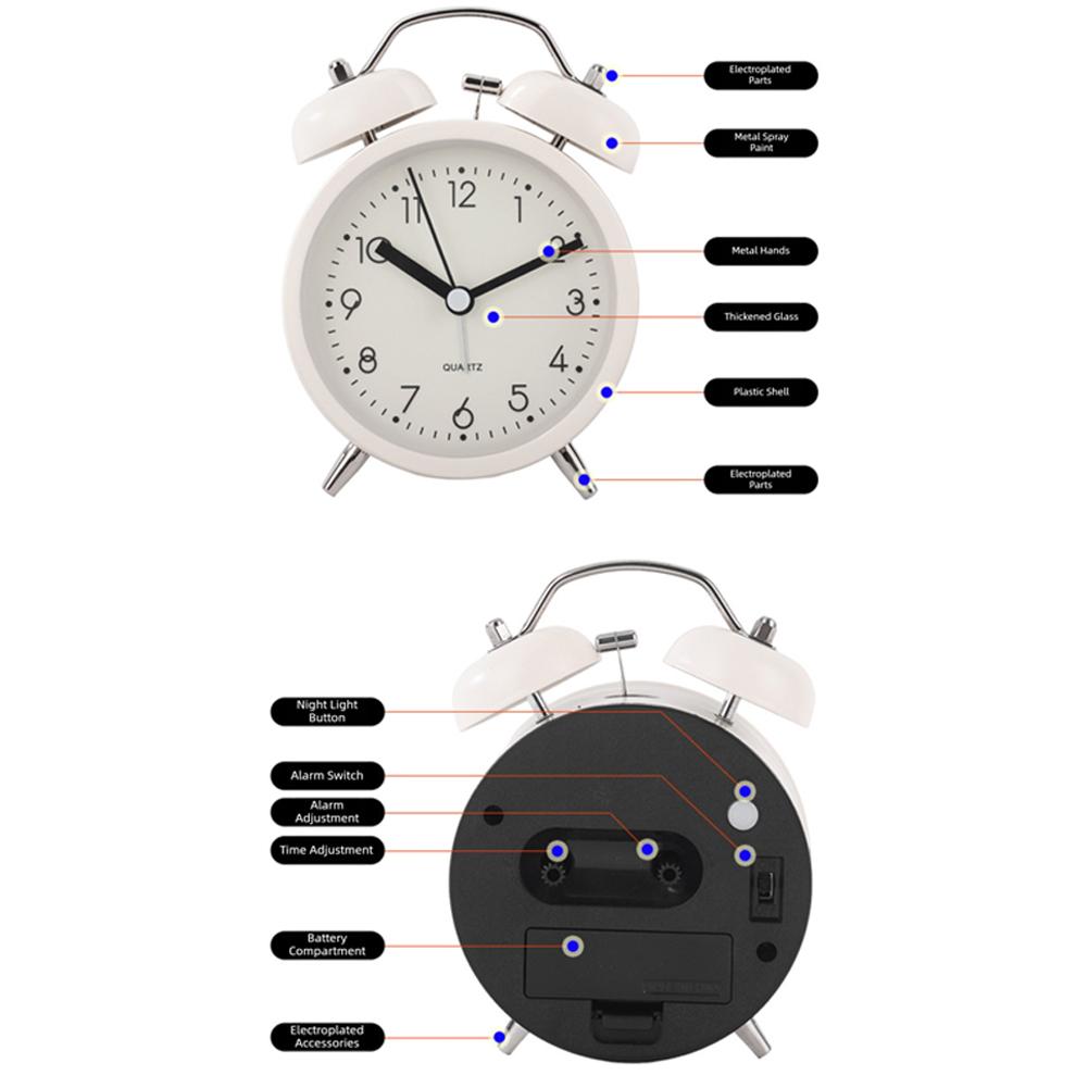 Mini 3.8 Inch Extra-Loud Alarm Clock For Deep Sleeper Soft Night Light Wake Up Twin-Bell Table Clock For Perfect Students