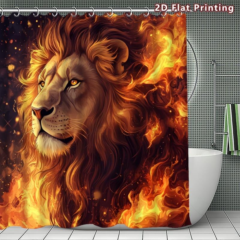 4Pcs Fire Lion Shower Curtain Set with Non-Slip Bath Mat, Toilet Lid Cover, Contour Rug & 12 Hooks, Bathroom Decor