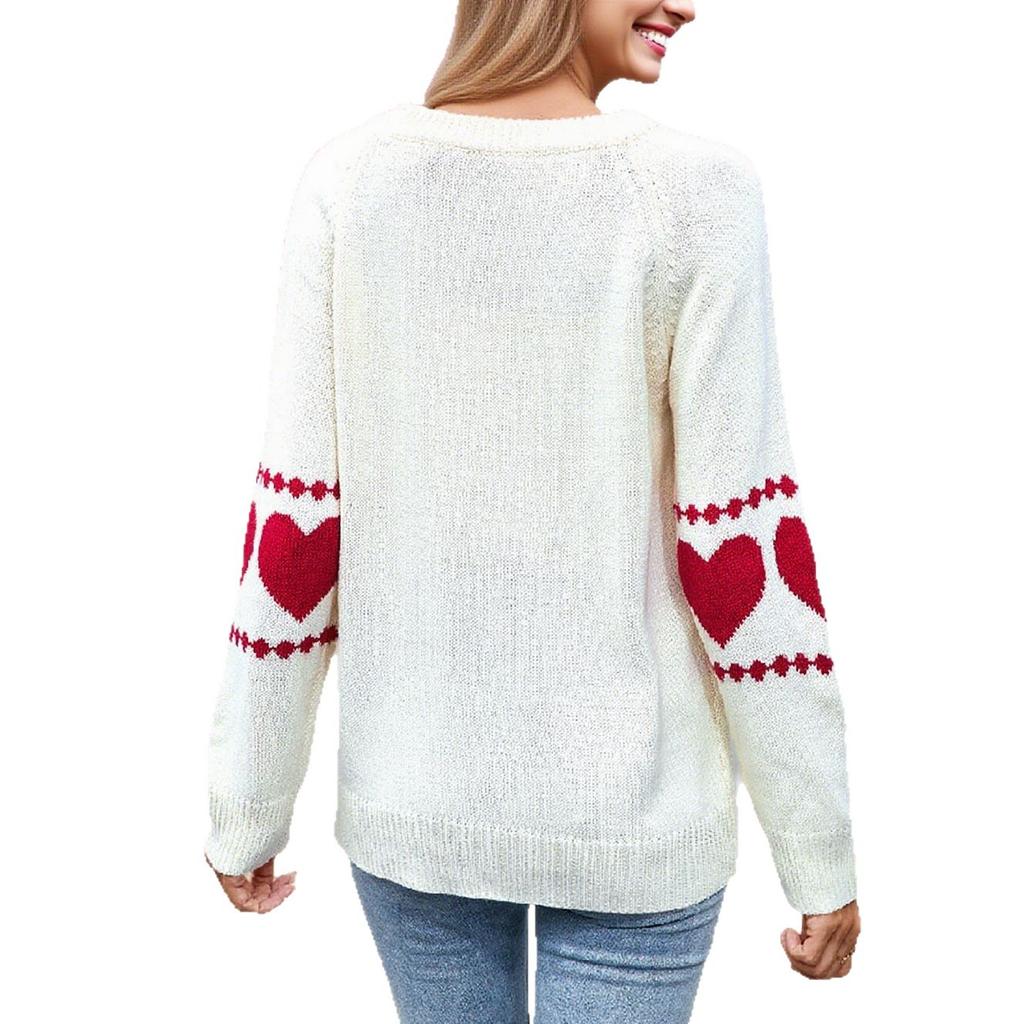 Europe, America, autumn and winter new sweater women's clothing long-sleeved love jacquard crew neck pullover top