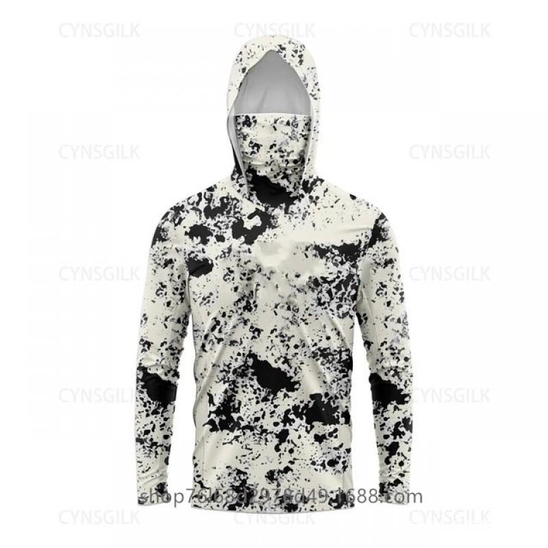 Mens Quick-Dry Ice Silk Long Sleeve Fishing Shirt With Hood Integrated Face Cover UV Protection Outdoor Sunproof Apparel