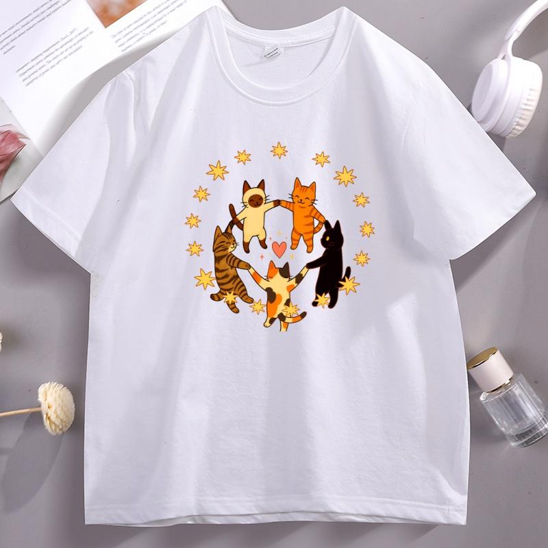 Dancing Cats TShirt Vintage Cat Lover Mom T Shirt Print Short Sleeve TShirts Casual Streetwear Summer Y2k Clothes Tops