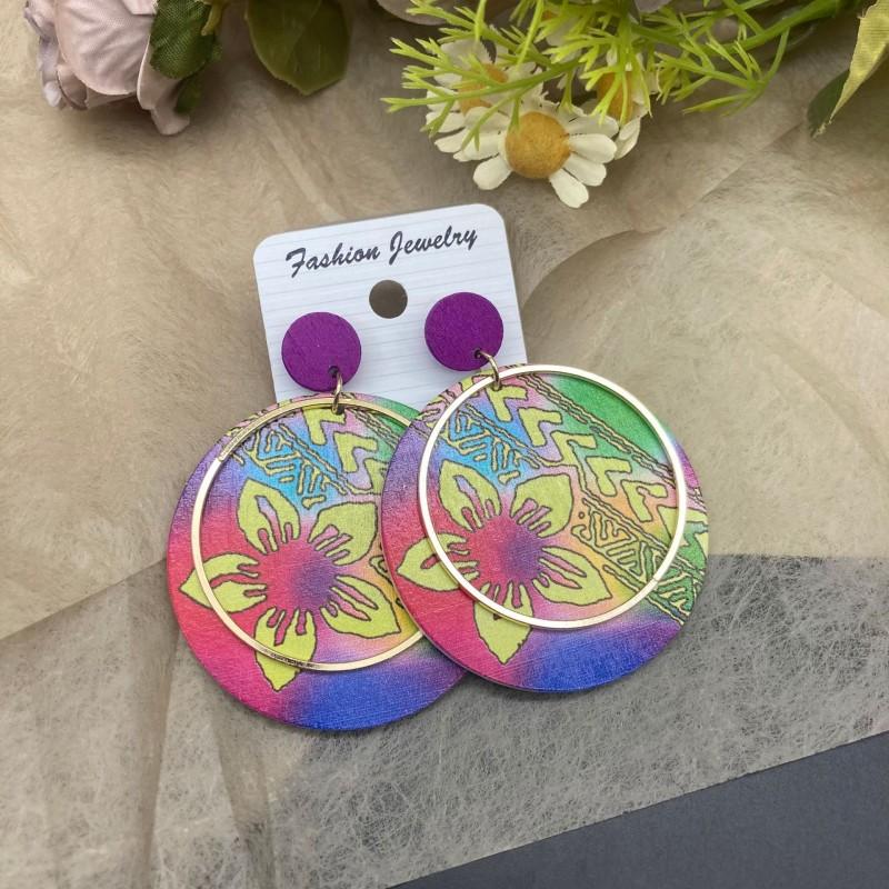 

Exaggerated Ethnic Round Wooden Earrings for Women Creative Bohemian Big Printed Dangle Earrings Female Vacation Casual Jewelry