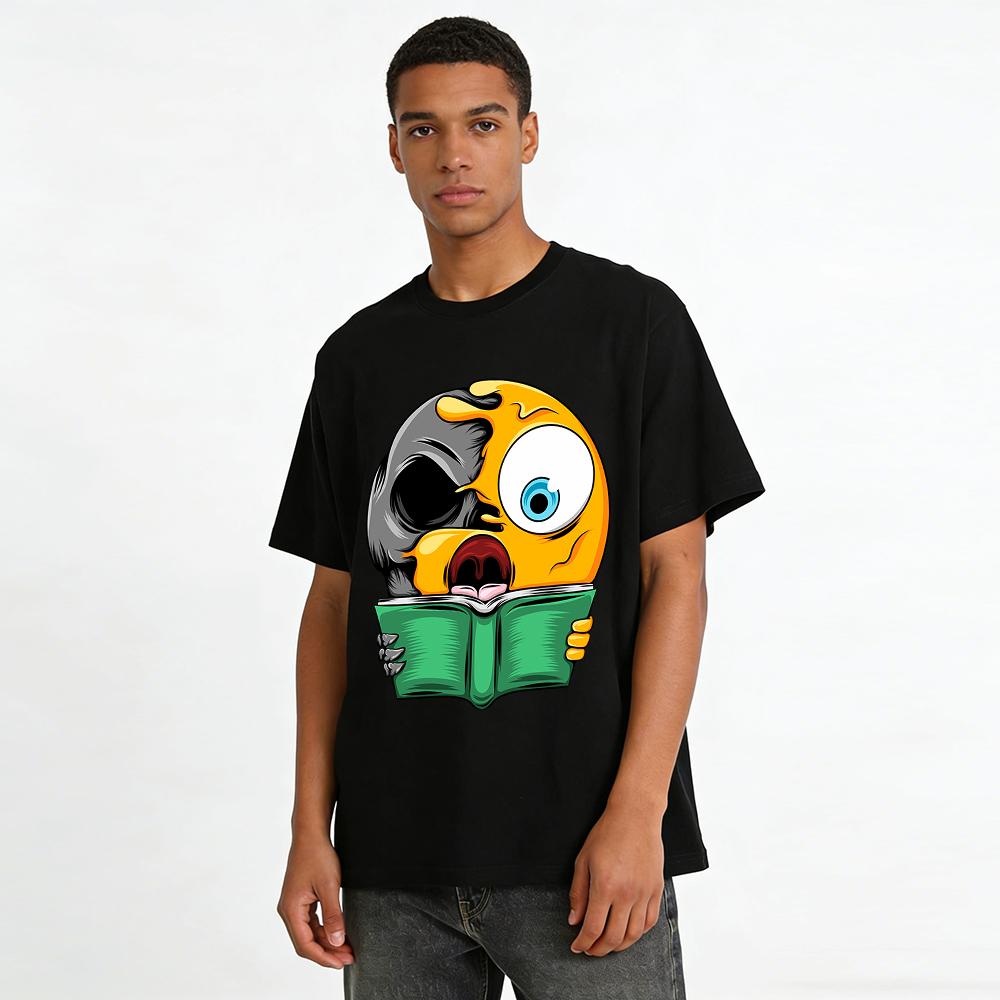 Scary Half Skull Emoji Reading Graphic Print Short Sleeve Top Pure cotton T-shirt