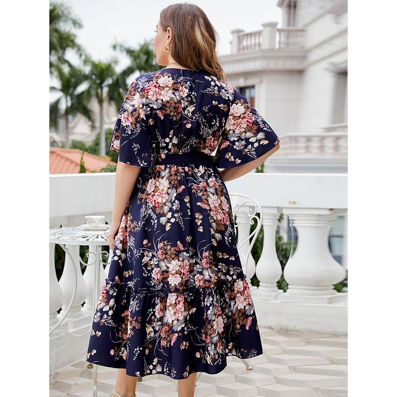 Abito estivo da donna con scollo a V blu navy stampato abito di grandi dimensioni