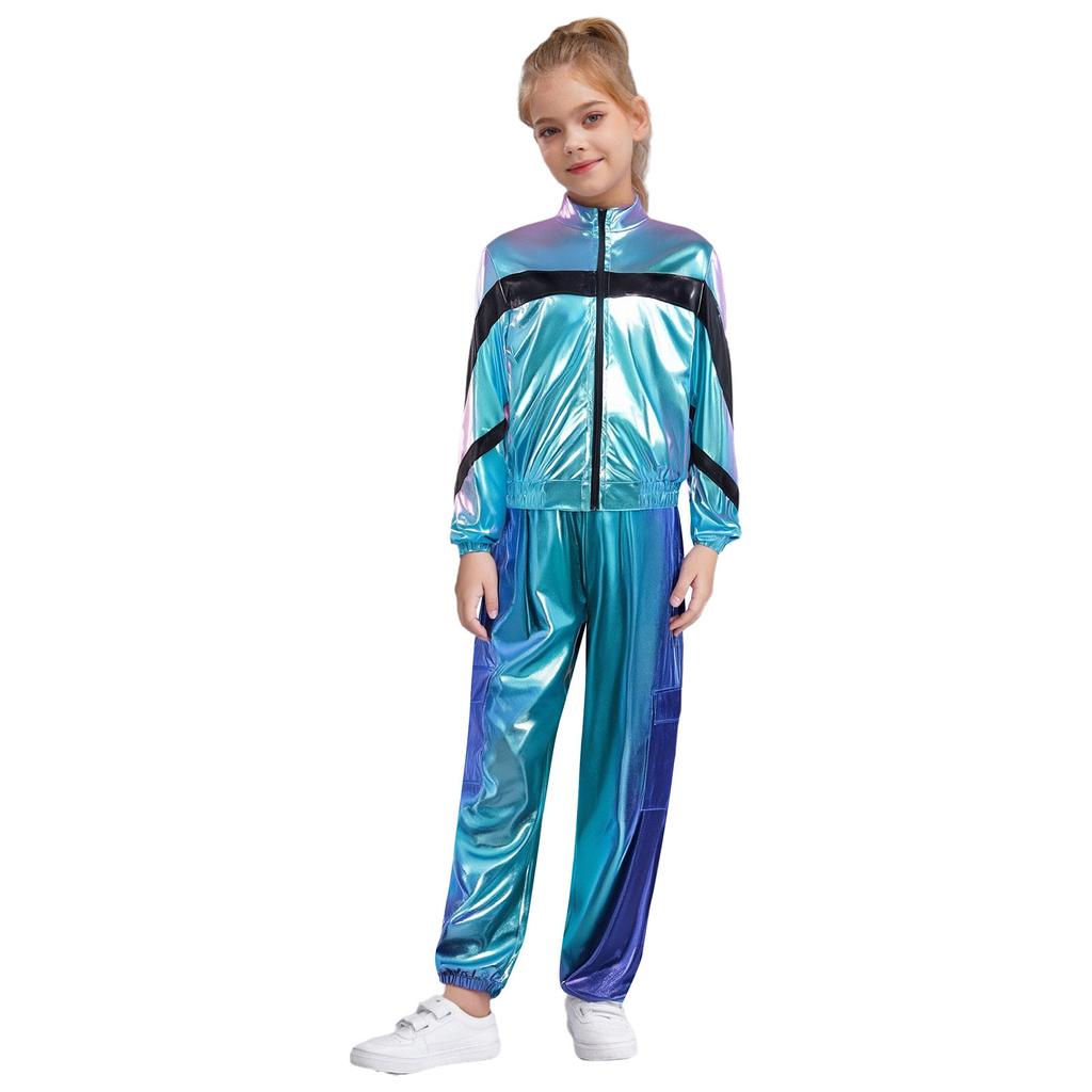 Mädchen Tanzjacke Mode Kontrastfarbe Langarm Stehkragen Metallischer Reißverschluss mit glänzendem Hosen-Set
