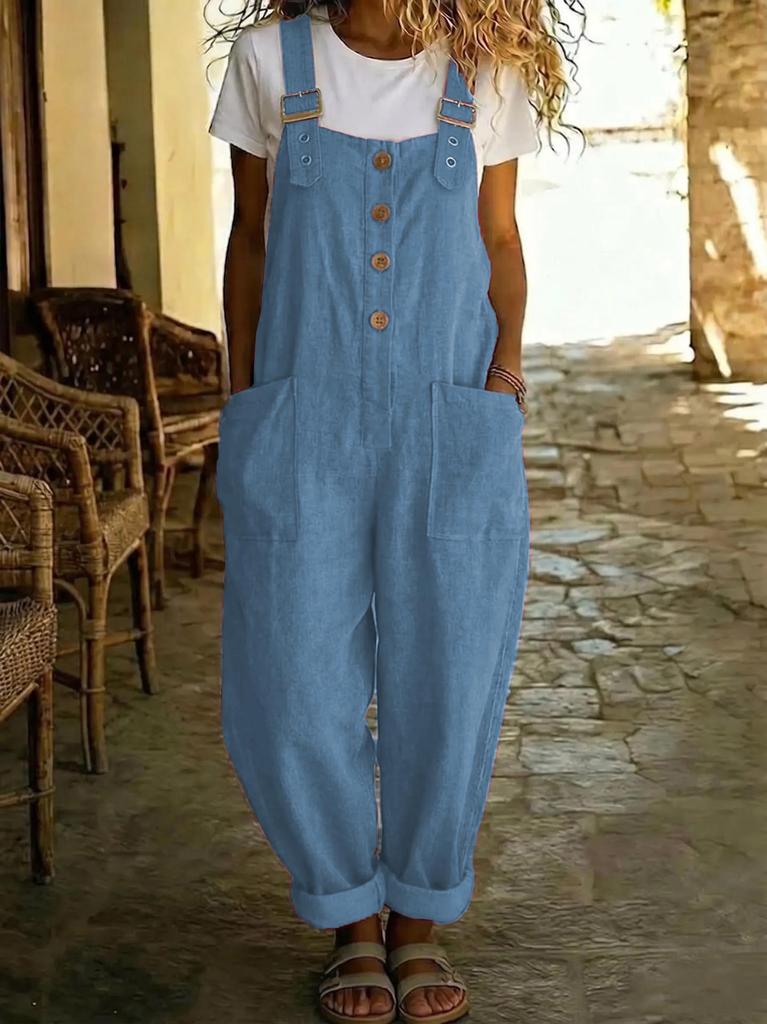 2026 Cotton Linen Retro Pocket Straight-Leg Overalls for Women