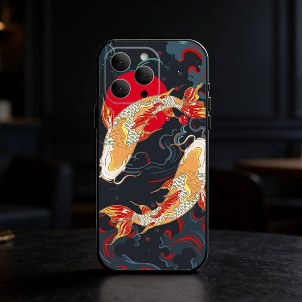 Koi Carp Fish Yin Yang Art Phone Case For iPhone 17,16,15,14,13,12,11 Plus,Pro,Max,Mini Silicone Black Soft Cover