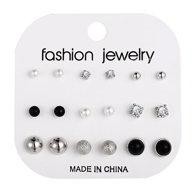 Delicate 12 Pairs Women Round Crystal Heart Stud Earrings for Women Piercing Imitation Pearl Earrings Set Wedding Party