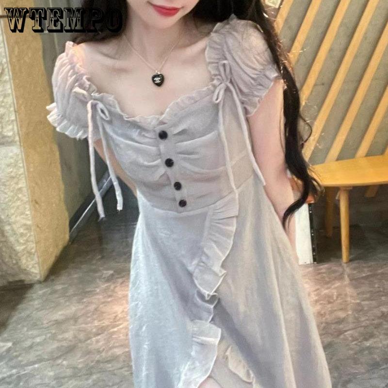 

Летнее сексуальное платье Элегантный квадратный вырез Тонкий пузырьковый рукав Открытые сексуальные тонкие длинные платья