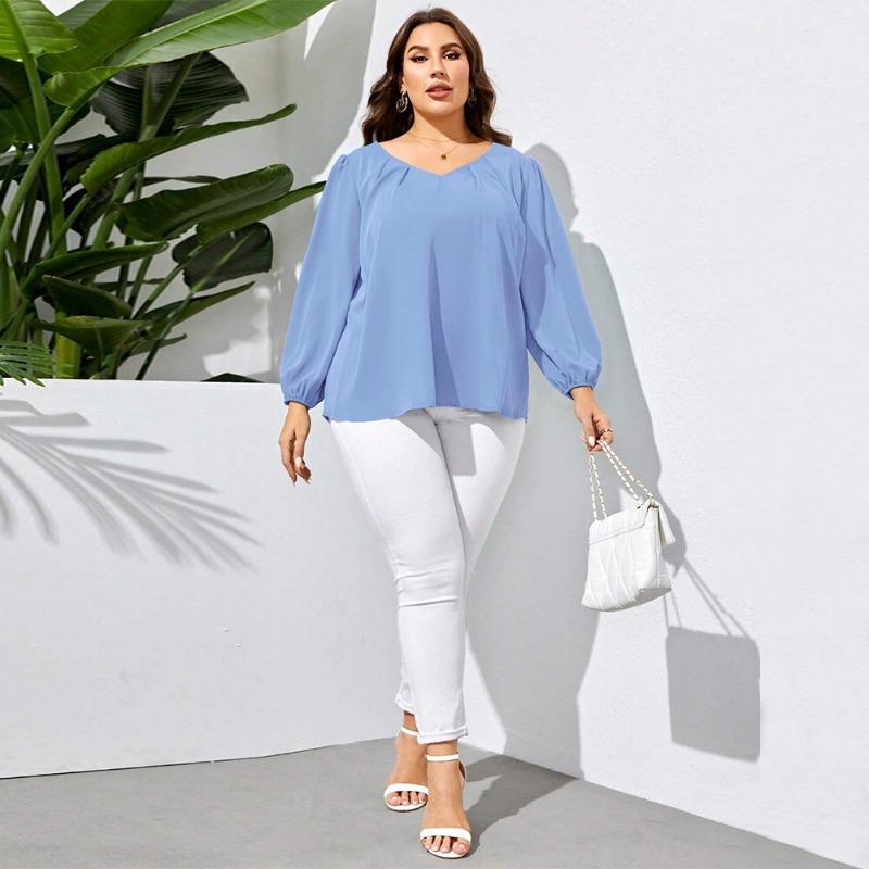 Plus Size Women V Neck Loose Long Sleeve Casual Elegant Blouse Ladies Top