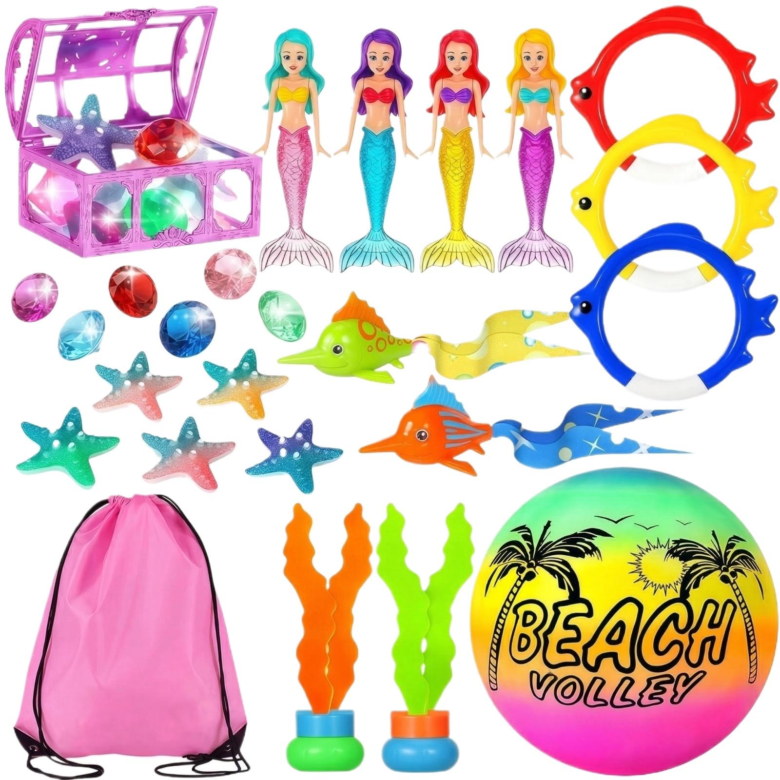 

Children s Underwater Treasure Hunting Toy Set Includes Mermaid Figures Starfish Fish Rings Beach Ball and Treasure Chest for Outdoor Play One Size