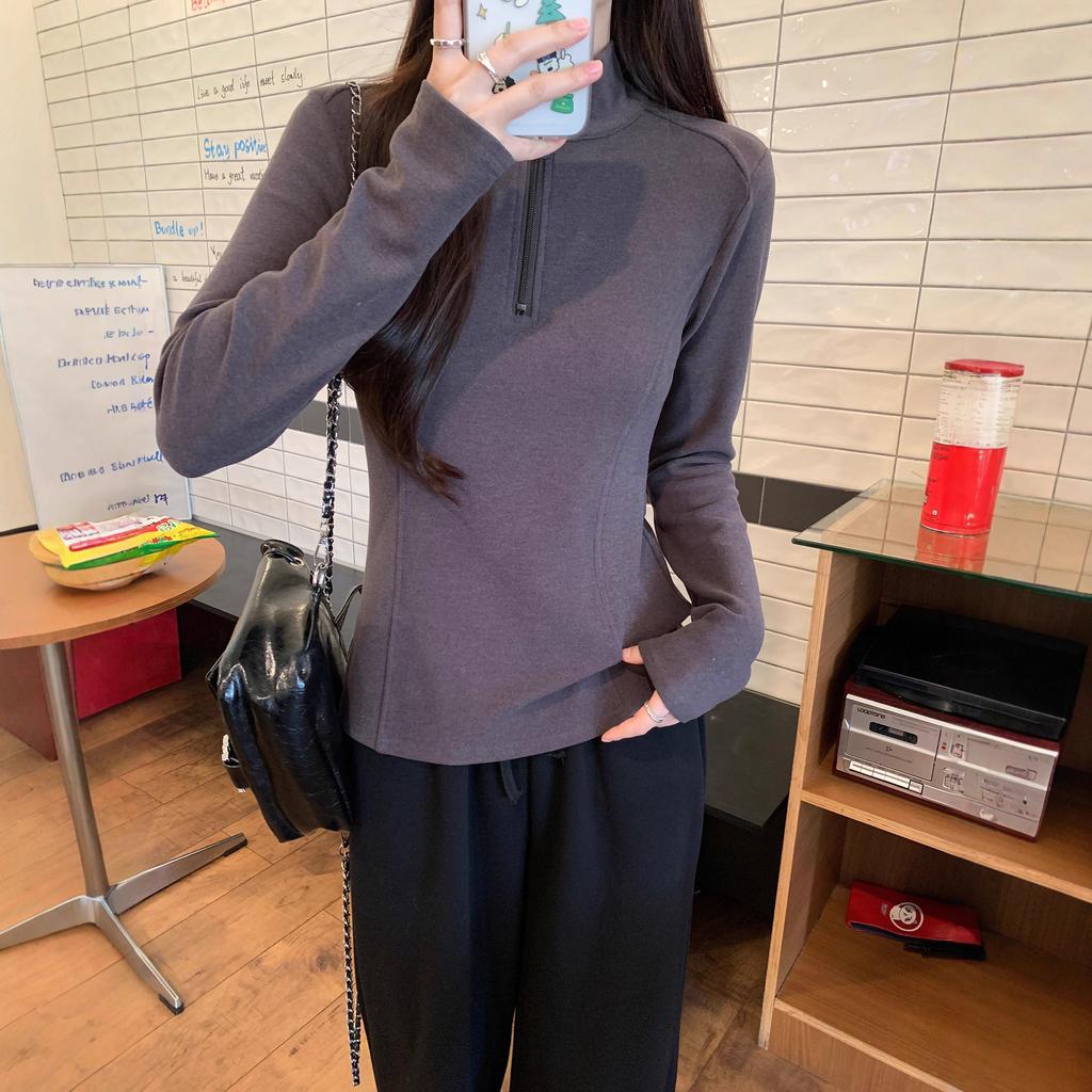 {Threaded German velvet 280g} Long-sleeved T-shirt women's autumn thin slim-fit black bottoming shirt zipper stand-up collar top