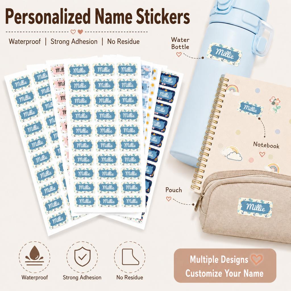 72Pcs Personalized Name Stickers Custom Waterproof Labels For Water Bottles Lunch Boxes School Supplies Storage Containers