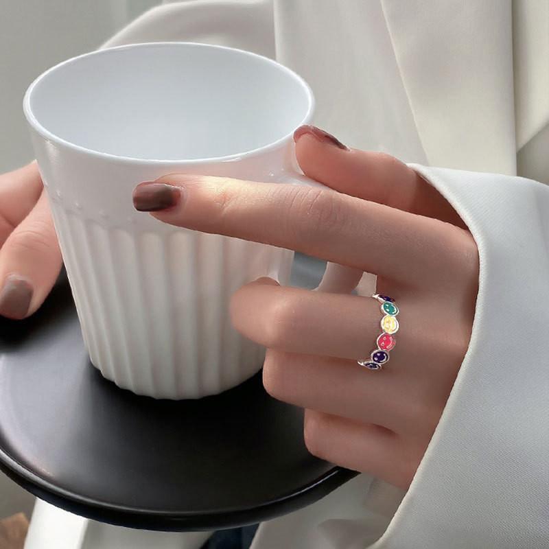 Geometric Rainbow Fashionable Smiley Face Ring For Women Unique 925 Sterling Silver Jewelry For Personal Style
