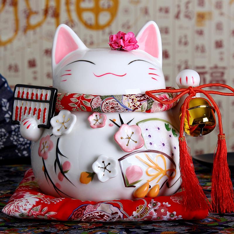 8 Inch Ceramic Maneki Neko Abacus Design Lucky Fortune Cat Money Box Figurine Feng Shui Zen Decoration Ornament Coin Bank