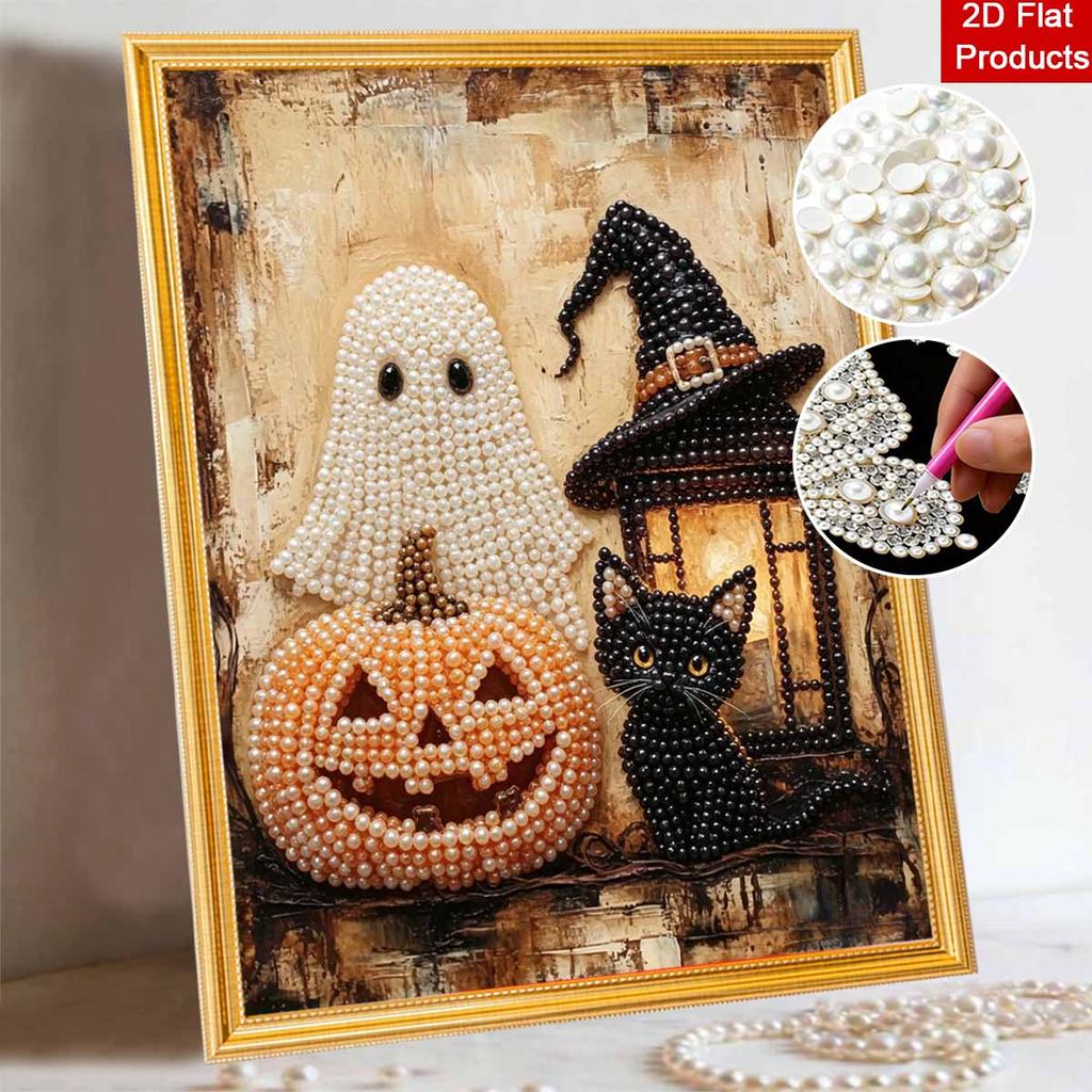 Halloween Pearl Painting Art Full Pearl Handmade Diy Home Decorations Featuring Ghost Pumpkin Witch Hat Black Cat Lantern