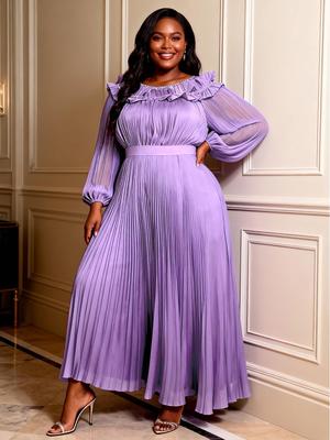 Plus Size Women's Elegant Pleated Chiffon Skirt Dress with Slimming Ruffle Waist