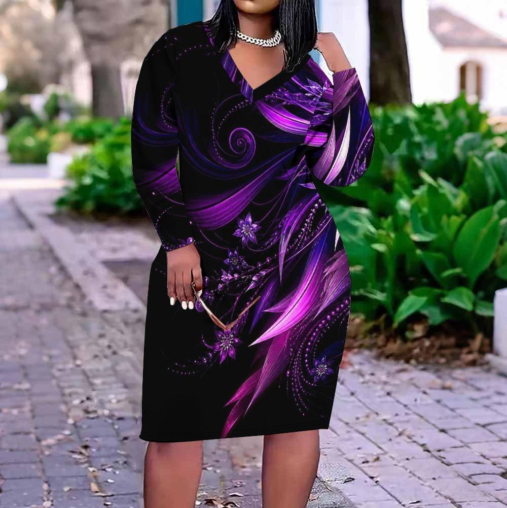 Women Plus Size V Neck Long Sleeve Printed Navy Blue Fitted Dress