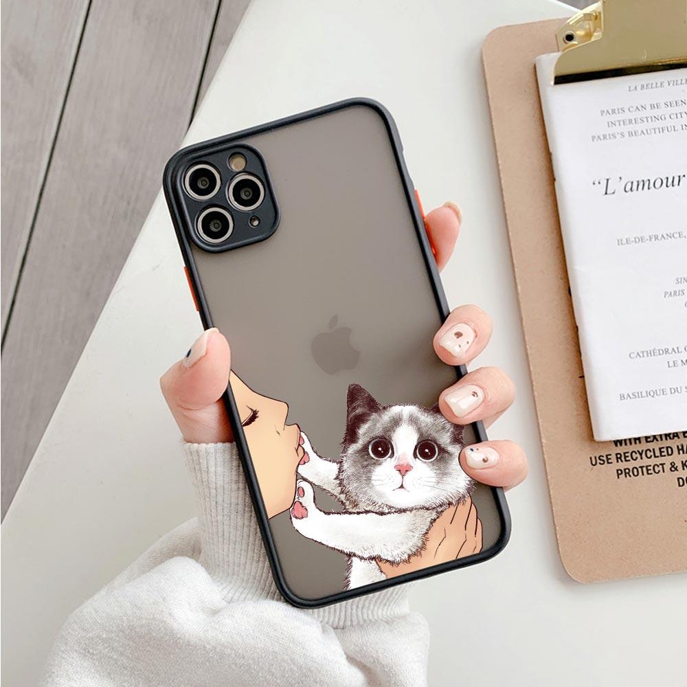 Cute Shockproof Translucent Matte Phone Case For Iphone 11 12 13 Pro Max Mini 7 Plus XR X S Cover Lovely Cat Kiss Refuse To Kiss