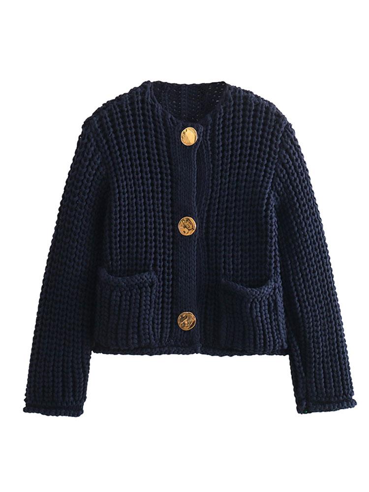 Elegantní jednobarevná háčkovaná vlněná vesta pro ženy Šik jednořadé zapínání s kulatým výstřihem kapsy Pletená vesta 2024 Podzim Dámská High Streetwear