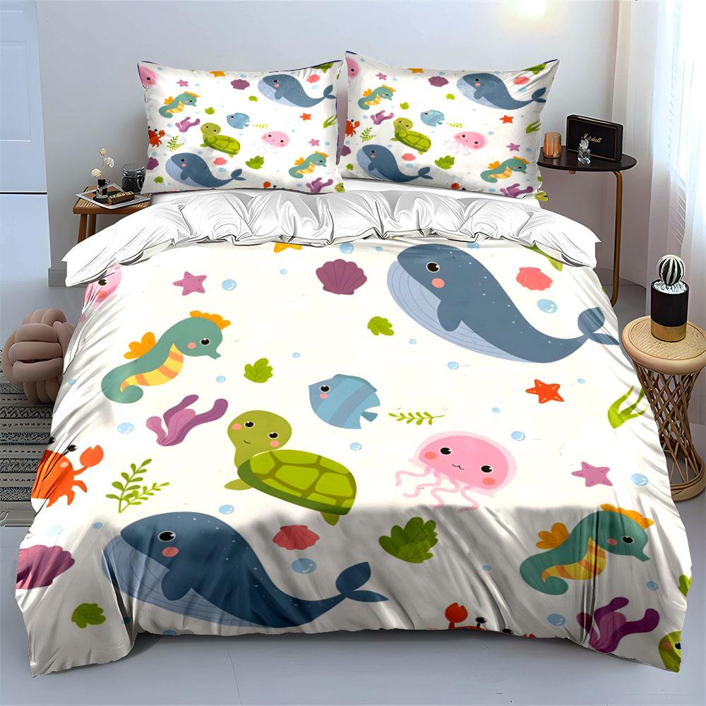 Cute Cartoon Ocean Animal Repeat Bedding Set 3pcs, Whale Seahorse Turtle Jellyfish Kids Print 1 Duvet Cover 2 Pillowcase, Gift