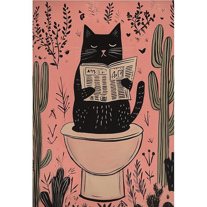 Funny Black Cat Animals On The Toilet Reading Poster Bath Prints Canvas Painting Wall Art Pictures for Toilet WC Home Decor