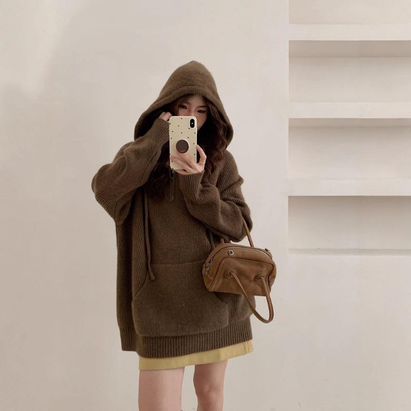 Autumn and Winter New Pullover Sweater Women's Half Zipper Hooded Casual Lazy Wind Outside Knitted Sweater Top