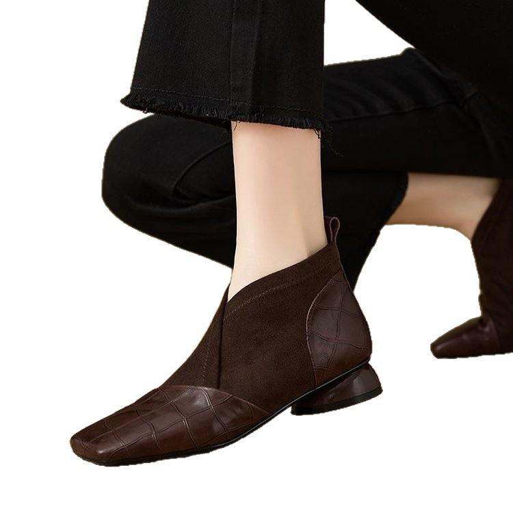 Autumn and Winter and Ankle Boots New Fashion Retro Thin Boots Thick Heel Low Heel Square Head Short Boots French Small Ankle Boots Women's Shoes