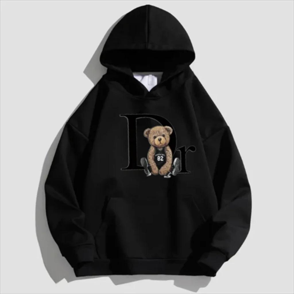 Unisex Letter Bear Print Hoodie, Pulôver Casual, Moda Natalícia, Solto Street Wear