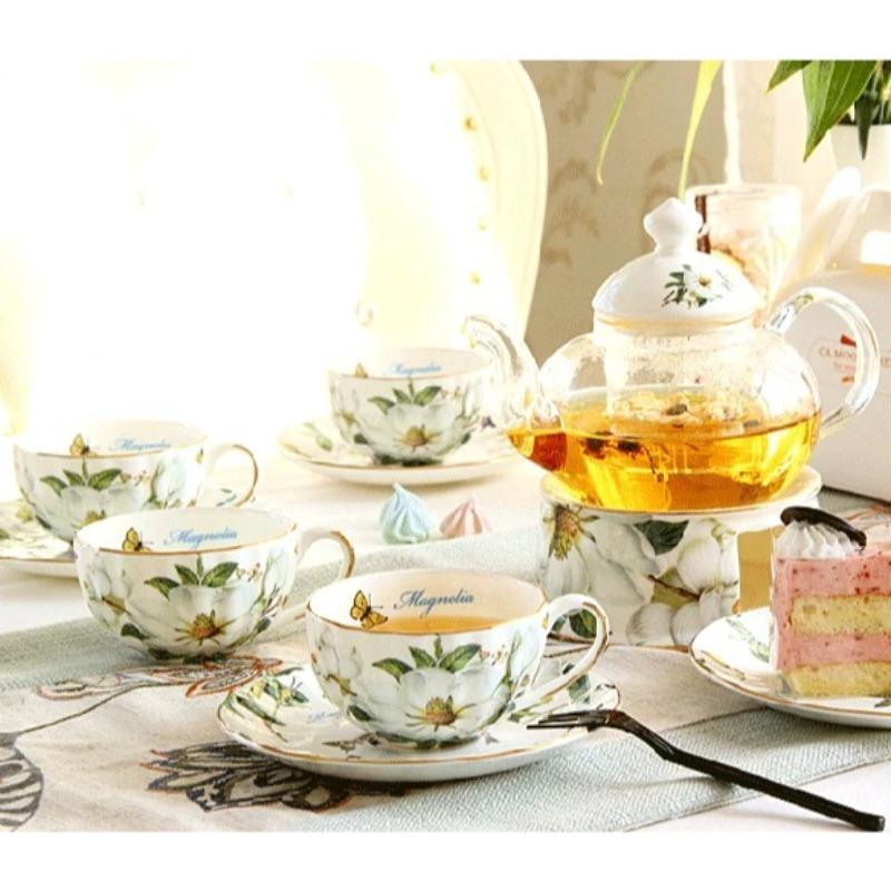 Magnolia Vlinder Bloemen Theeservies, Glazen Theepot met Onderzetter, Bone China Theekopjes Schoteltjes, Elegante Fruit Bloemen Theepot Set voor Afternoon Tea Huisdecoratie