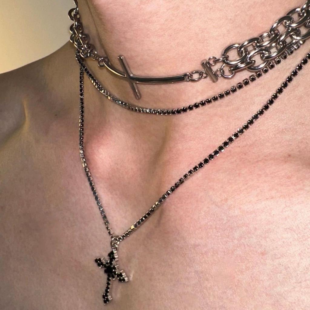 Punk Grunge Black Cross Pendant Multi-layer Chain Choker Necklace For Men Women Rock Hip Hop Street Vintage Y2K Goth Accessories
