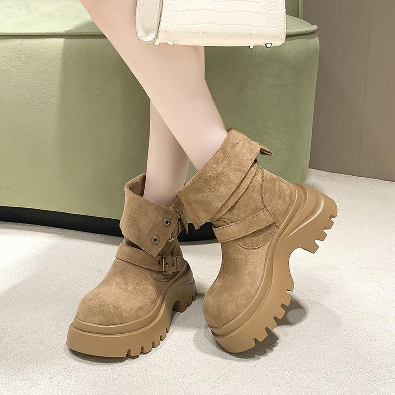 Khaki Platform Martin Boots Women's 2025 New Popular Maillard Short Boots Two Wear Suede Belt Buckle Medium Boots