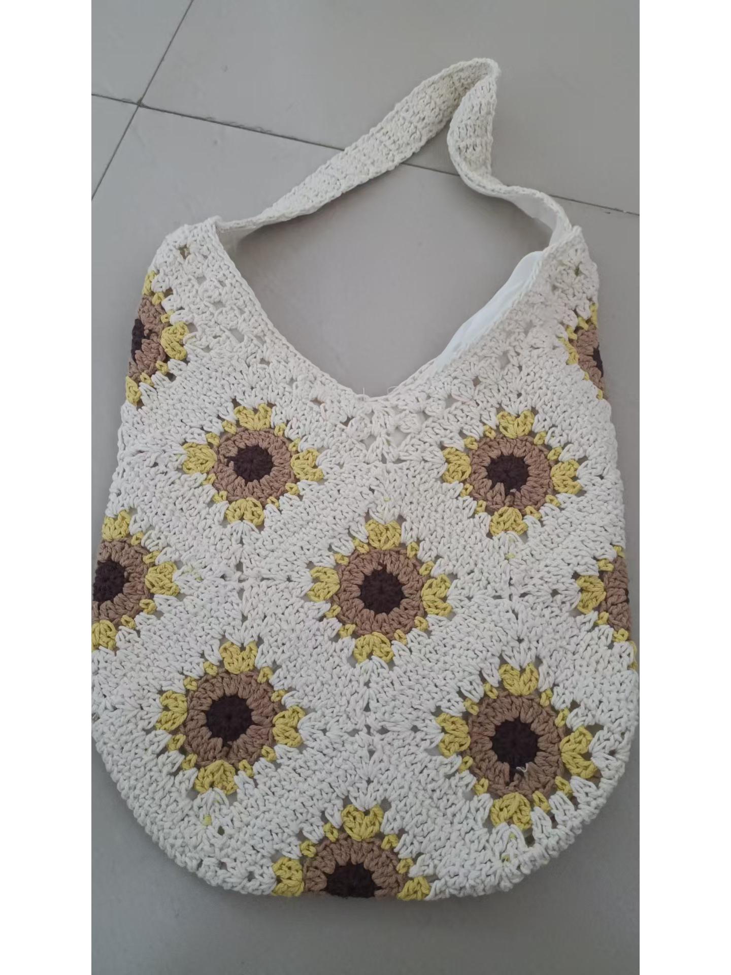 

Художественная хлопковая сумка-тоут, связанная крючком вручную в технике «бабушкин квадрат» - Большая вместимость, универсальная наплечная сумка Height 60, Base Length 28