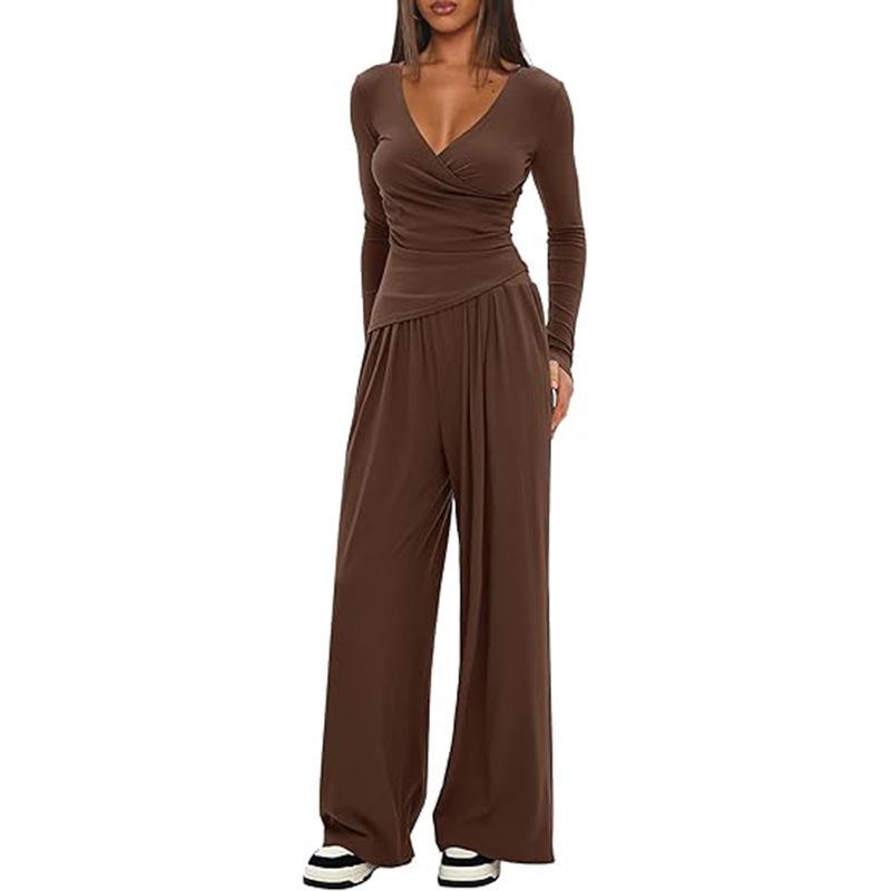2-Piece Solid Color V-Neck Casual Set with Long Sleeve Top & Wide Leg Pants