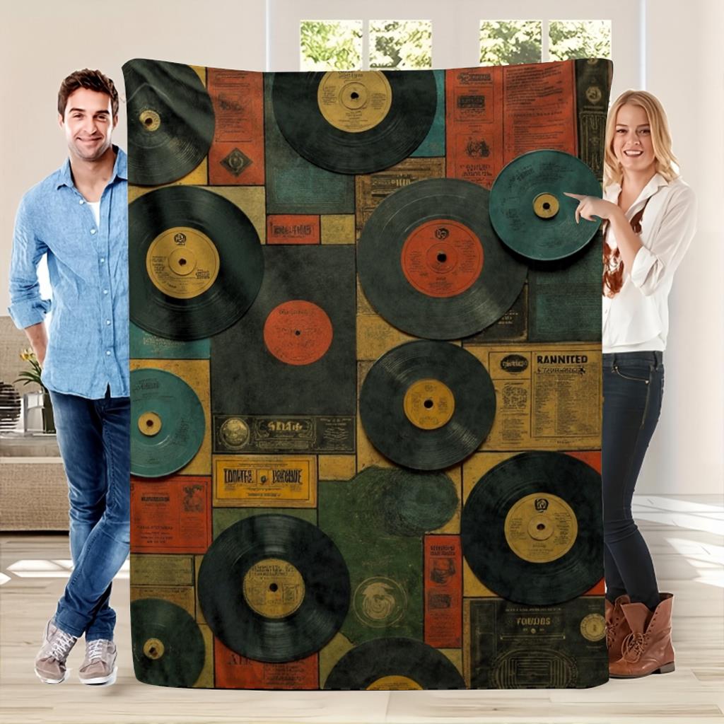 Vintage Vinyl Record Retro Music Flannel Throw, Multicolored Records Soft for Couch Bed, Great Gift for Music Lovers