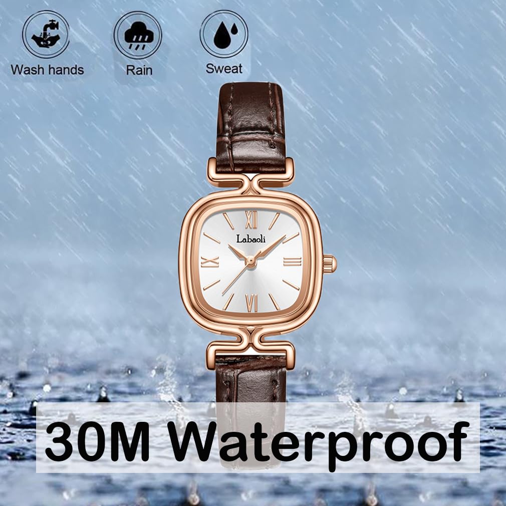 Simple Square Wristwatch for Women with Leather Rose Gold Strap, Small, Stylish, Waterproof, Ultra-Thin, Lightweight, Business, Cute, Casual, Gift,