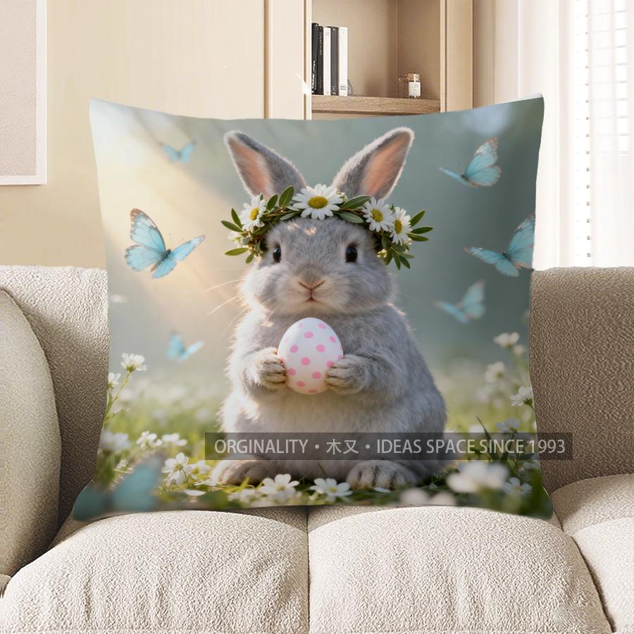 

2D Cute Bunny With Egg And Butterflies Pillow Cover Pattern Cushion Cover Suitable For Sofa Bedroom Car Pillow Cover 40x40cm