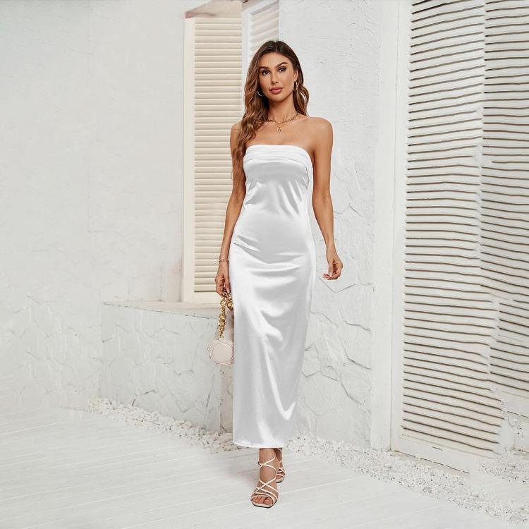 Women Solid Backless Bustier Dress Sleeveless High Waist Ankle Length Design Sense