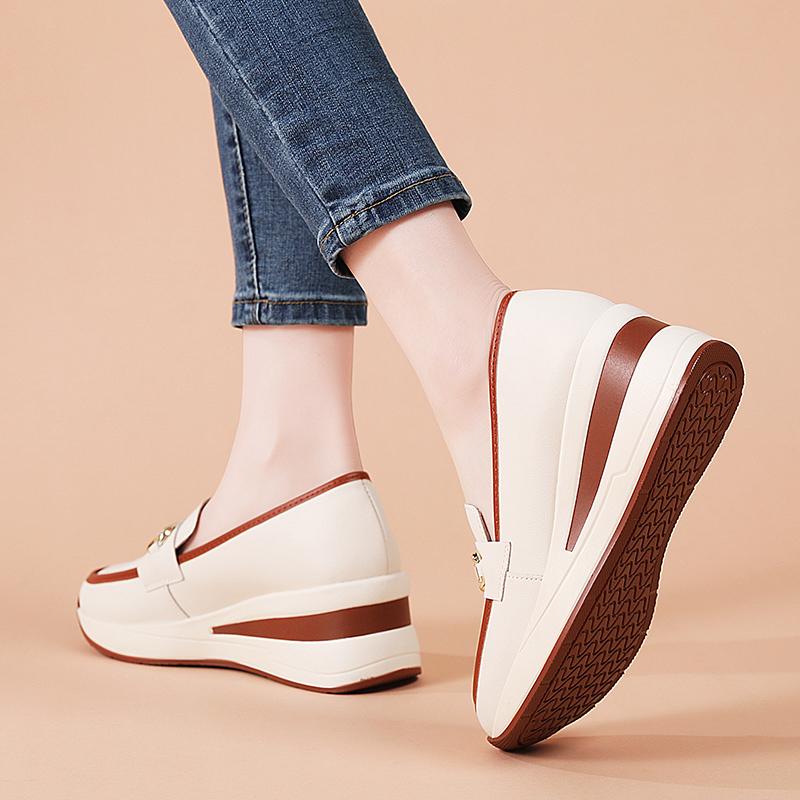Women Slip on Platform Loafers Casual Leather Business Office Shoes Thick Sole Height Increase Shake Shoes Large Size
