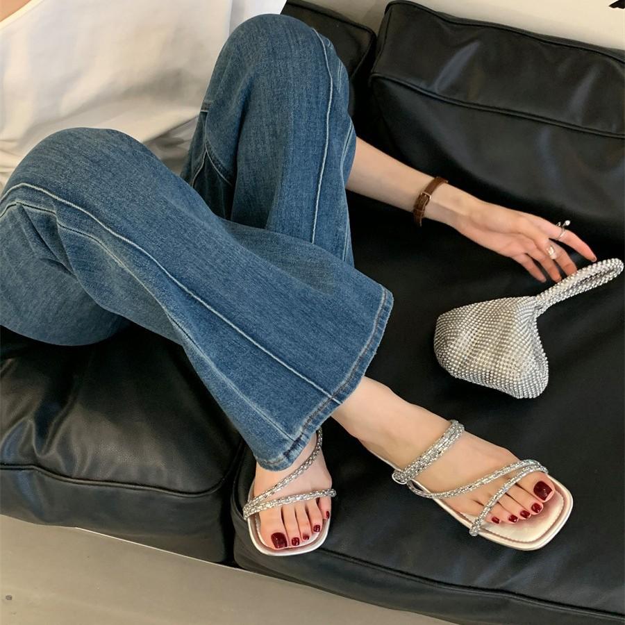 2025 Spring and Summer New Bright Square Head One-word with Open-toed Low-heeled Thick-heeled Slippers Women's Silver Rhinestone Slippers