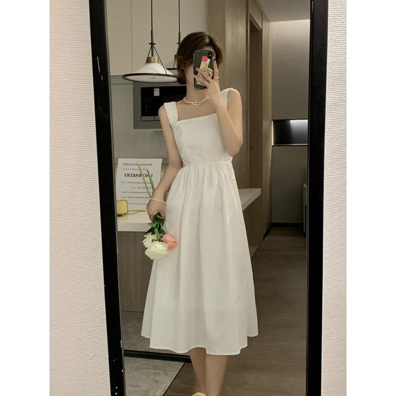 

YYFS Женская мода лето весна однотонный принт без рукавов квадратный воротник высокая талия повседневные платья L белый