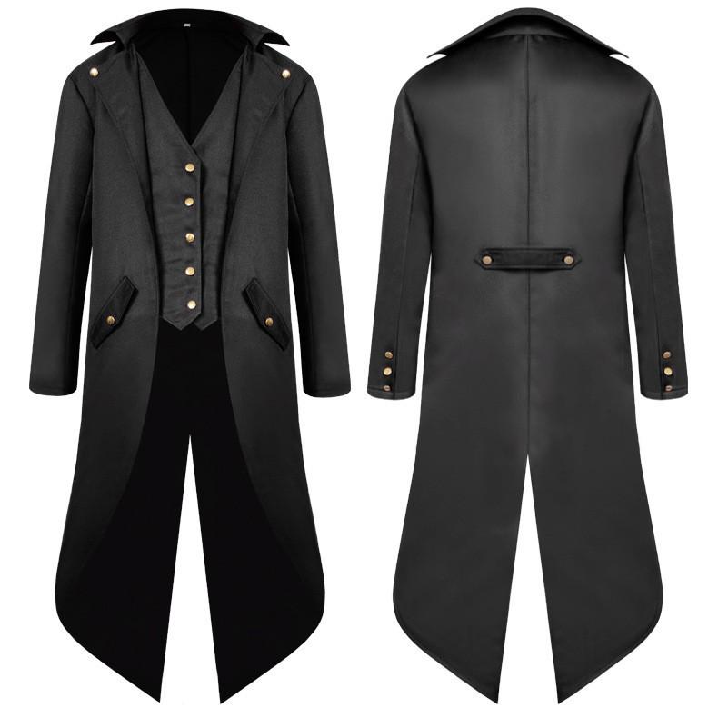 2024 Men's Solid Color Medieval Swallowtail Coat - European & American Mid-length Punk Retro Overcoat