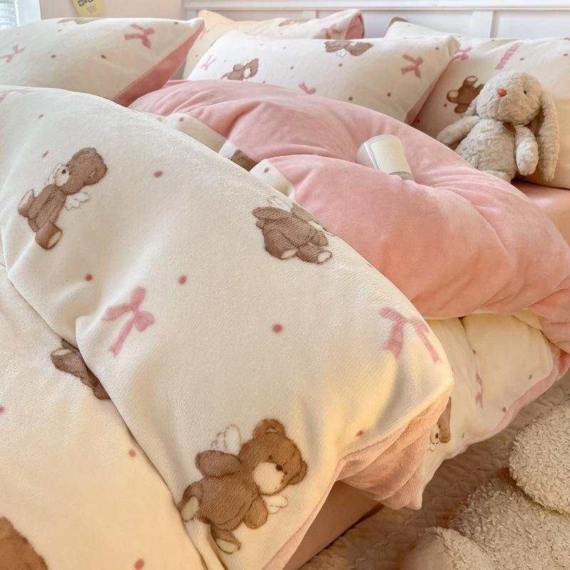 Thickened Milk Fleece Bed Four-Piece Coral Fleece Quilt Cover Double-Sided Flannel Fleece Bed Sheet Three-Piece Set