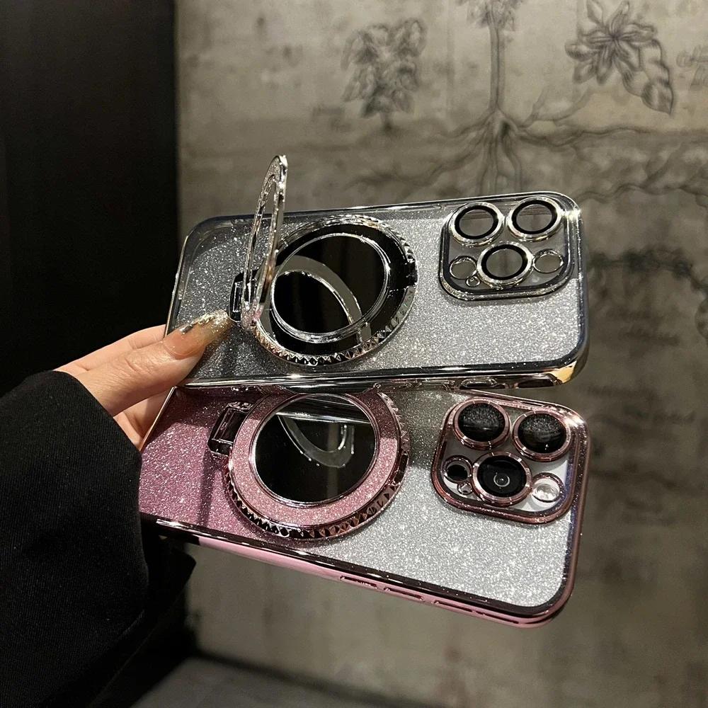 Glitter Gradient Mirror Bracket Case for iPhone 15 14 13 16 Pro Max 12 11 X Xr Xs 8 7 Plus for Magsafe Ring Holder Plating Cover