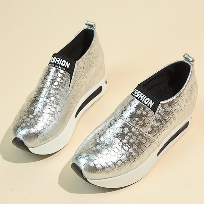 Fashion Elegant Silver Pu Leather Platform Sneakers Women Letter Print Slip On Casual Shoes Foe Woman Lightweight Vulcanize Shoes Mujer